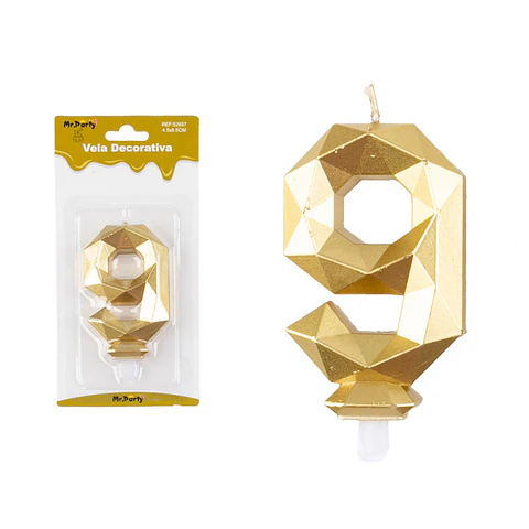 Vela de número 9 dorado en 3D 8.6cm
