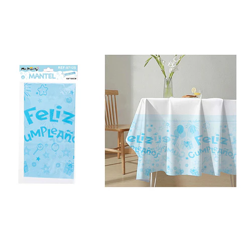 Mantel plástico feliz cumpleaños celeste 108*180cm