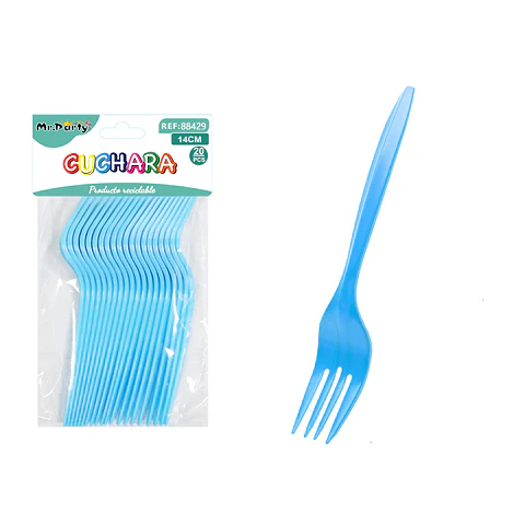 Tenedores plásticos desechables celeste 14cm 20pcs