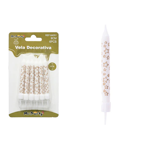 Vela blanca con estrellas doradas 9cm 6pcs