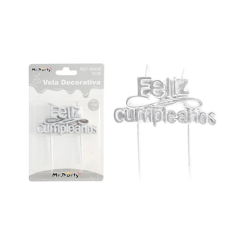 Vela de feliz cumpleaños plateado 9cm