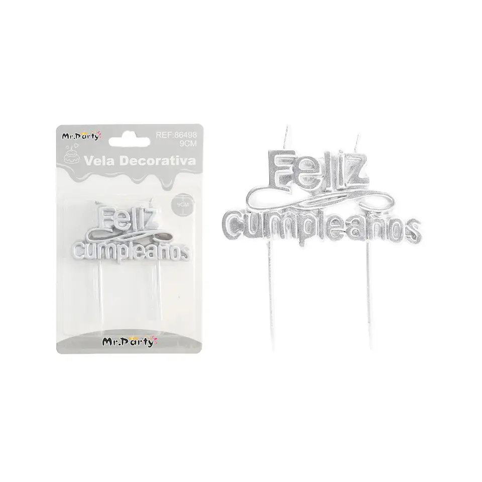Vela de feliz cumpleaños plateado 9cm 1