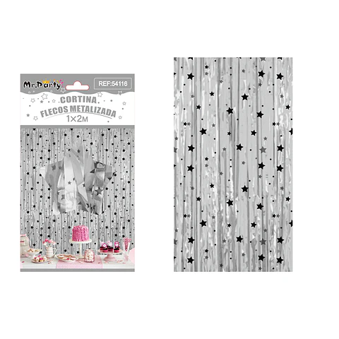Cortina de flecos plateado con estrellas negras 1*2m