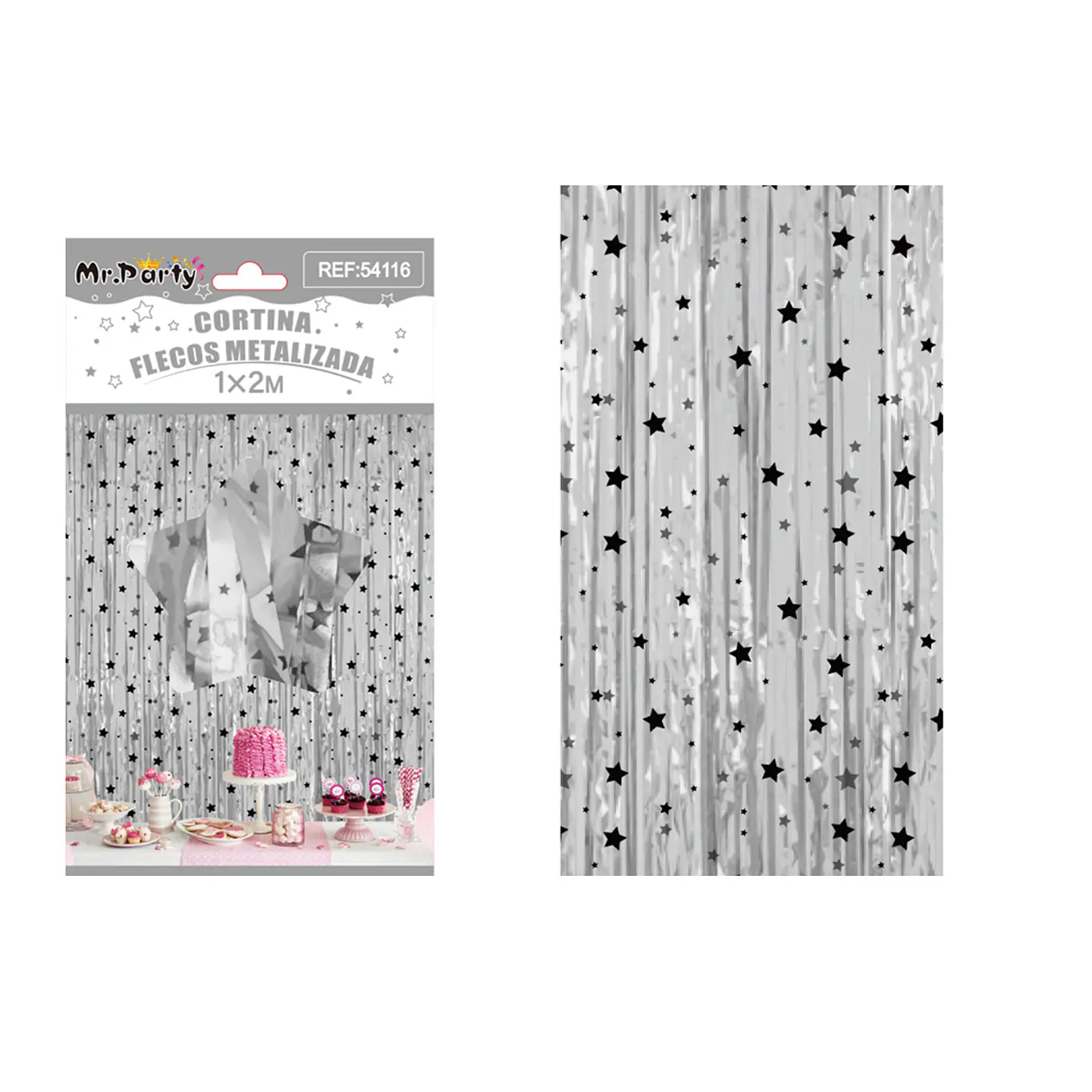Cortina de flecos plateado con estrellas negras 1*2m 1