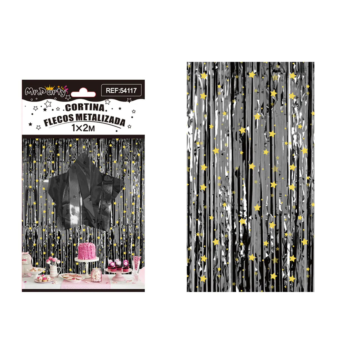 Cortina de flecos negro con estrellas negras 1*2m 1