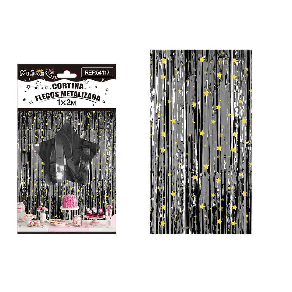 Cortina de flecos negro con estrellas negras 1*2m 1