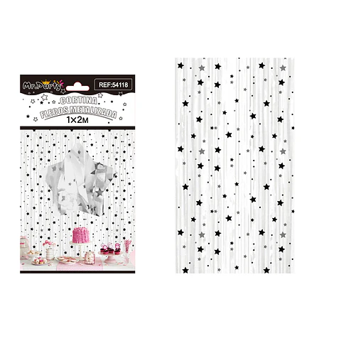 Cortina de flecos blanco con estrellas negras 1*2m