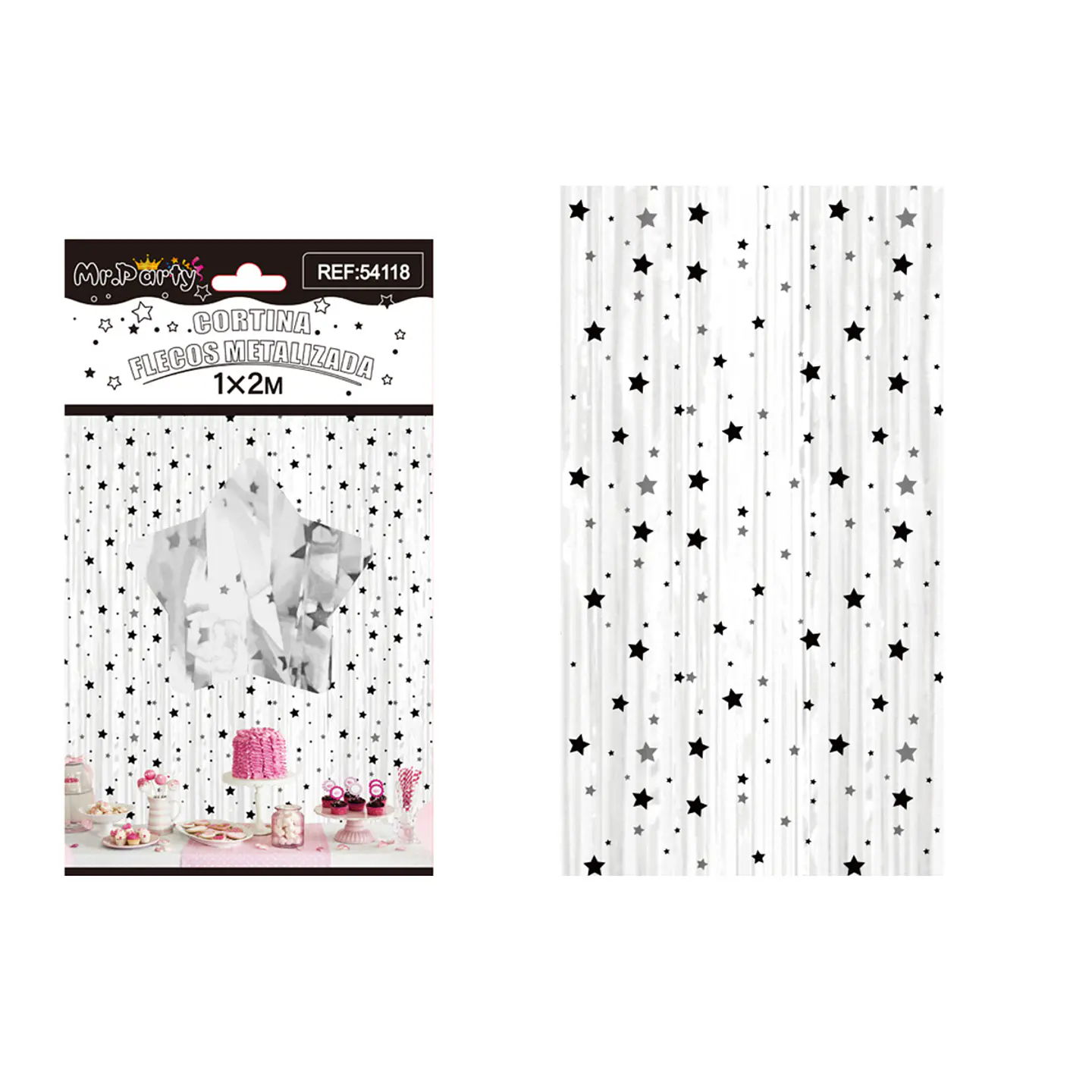 Cortina de flecos blanco con estrellas negras 1*2m 1