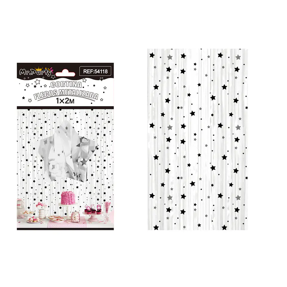 Cortina de flecos blanco con estrellas negras 1*2m 1