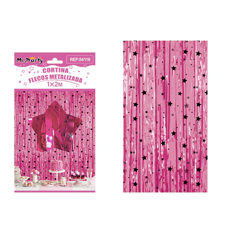 Cortina de flecos fucsia con estrellas negras 1*2m