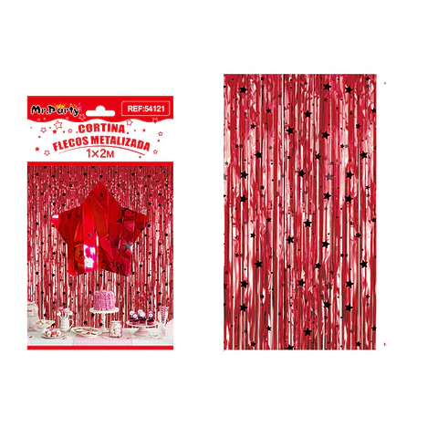Cortina de flecos rojo con estrellas negras 1*2m
