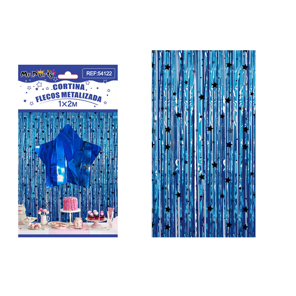 Cortina de flecos azul con estrellas negras 1*2m 1