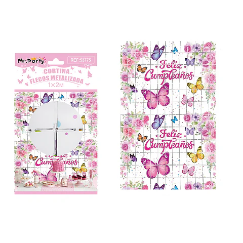 Cortina de flecos cuadradas blanco con mariposas 1*2m