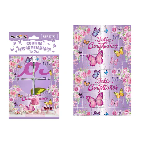 Cortina de flecos cuadradas morado con mariposas 1*2m