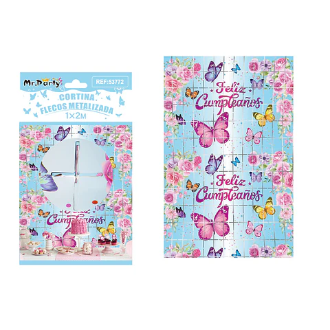 Cortina de flecos cuadradas azul con mariposas 1*2m