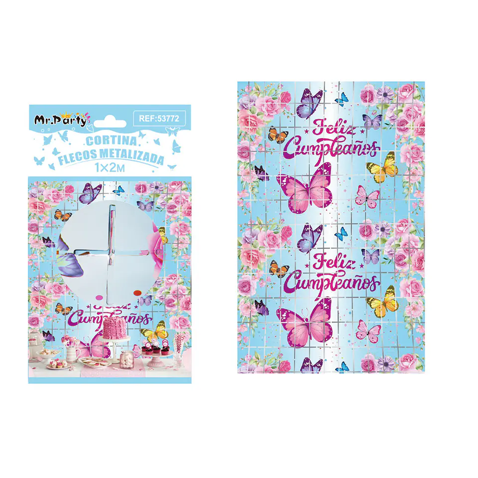 Cortina de flecos cuadradas azul con mariposas 1*2m 1