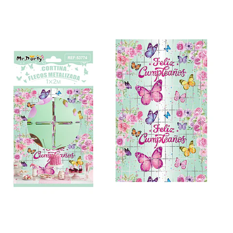 Cortina de flecos cuadradas verde con mariposas 1*2m