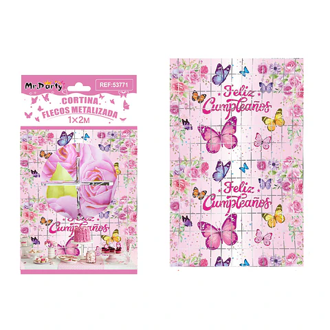 Cortina de flecos cuadradas rosa con mariposas 1*2m