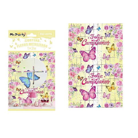 Cortina de flecos cuadradas amarillo con mariposas 1*2m