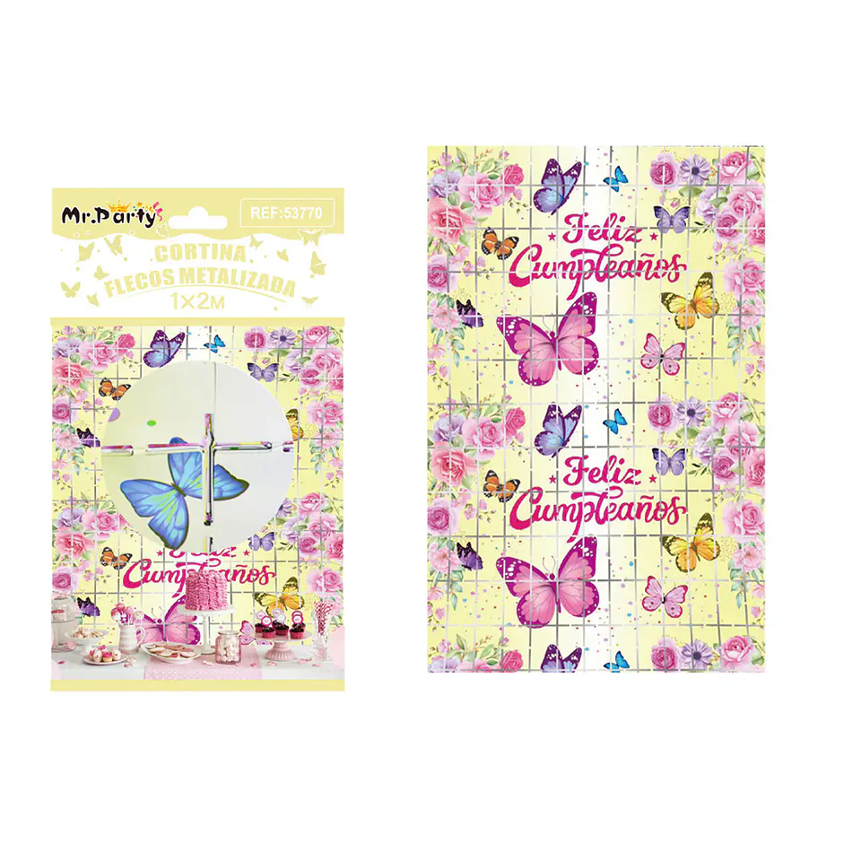 Cortina de flecos cuadradas amarillo con mariposas 1*2m 1