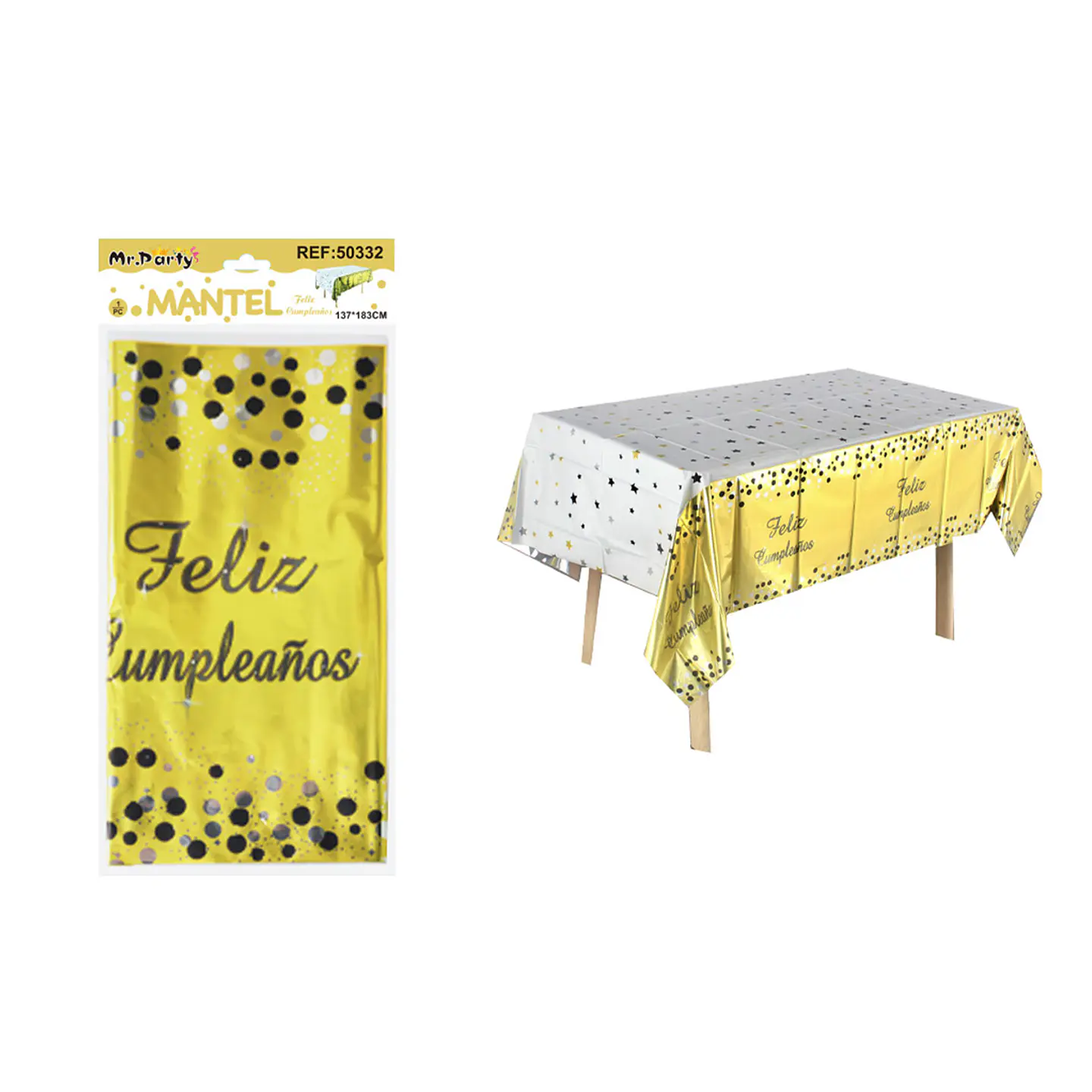 Mantel feliz cumpleaños dorado con estrella y punto 137*183cm 1