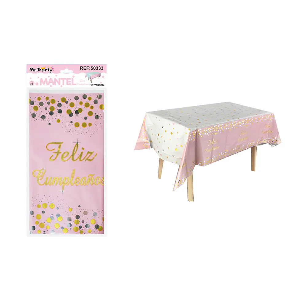 Mantel feliz cumpleaños rosado con estrella y punto 137*183cm 1
