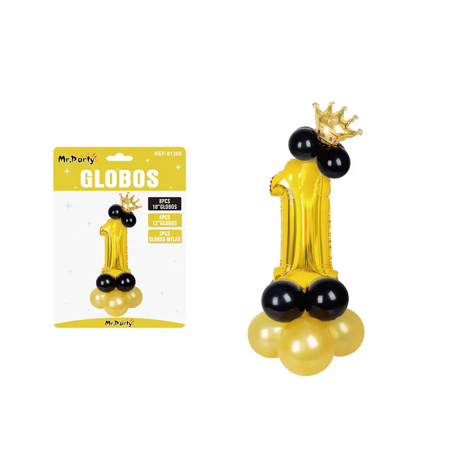 Set globos de número 1 dorado con corona 16pcs 1