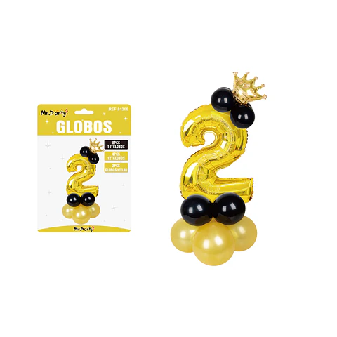 Set globos de número 2 dorado con corona 16pcs