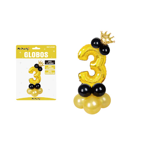 Set globos de número 3 dorado con corona 16pcs