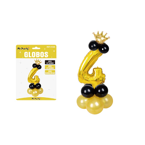 Set globos de número 4 dorado con corona 16pcs