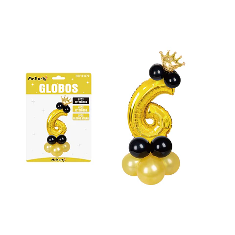 Set globos de número 6 dorado con corona 16pcs
