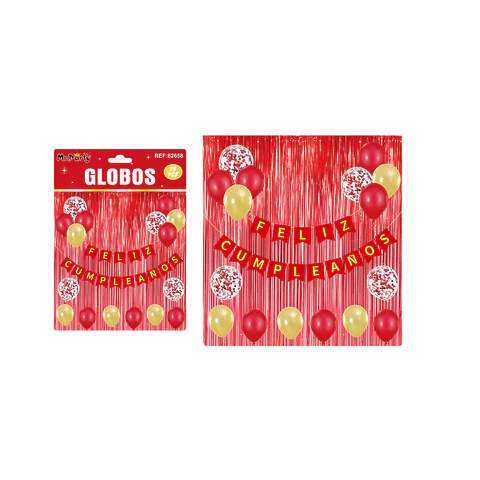 Set de globos látex y guirnalda con cortina rojo 19pcs