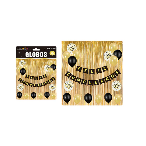 Set de globos látex y guirnalda con cortina dorado 19pcs