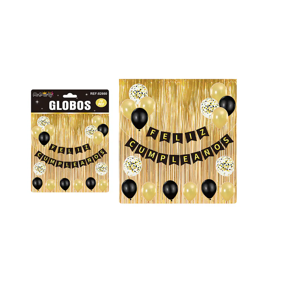 Set de globos látex y guirnalda con cortina dorado 19pcs 1