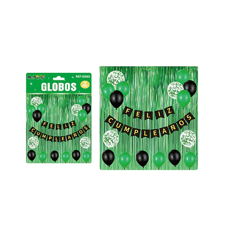 Set de globos látex y guirnalda con cortina verde 19pcs