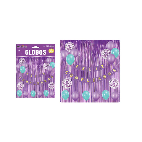 Set de globos látex y guirnalda con cortina morado 19pcs