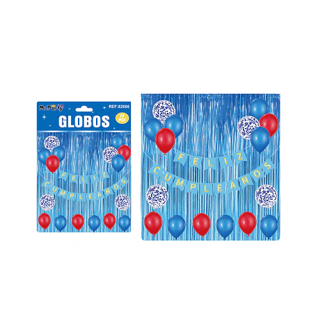 Set de globos látex y guirnalda con cortina azul 19pcs