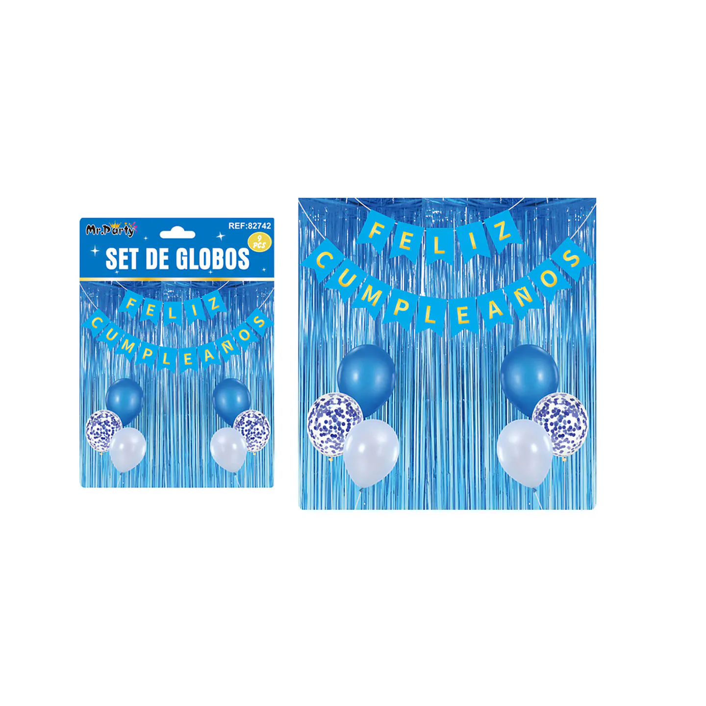 Set de globos y guirnalda con cortina azul 9pcs 1