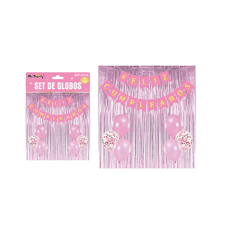 Set de globos y guirnalda con cortina rosa 9pcs