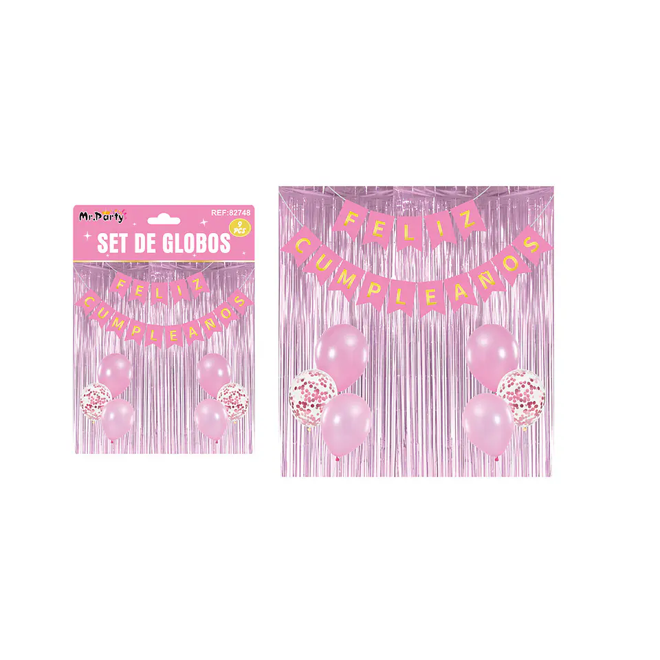 Set de globos y guirnalda con cortina rosa 9pcs 1