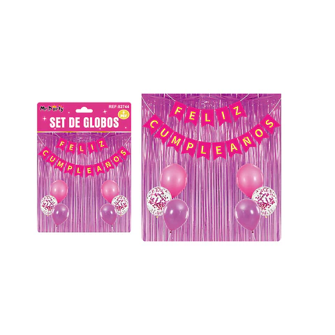 Set de globos y guirnalda con cortina fucsia 9pcs
