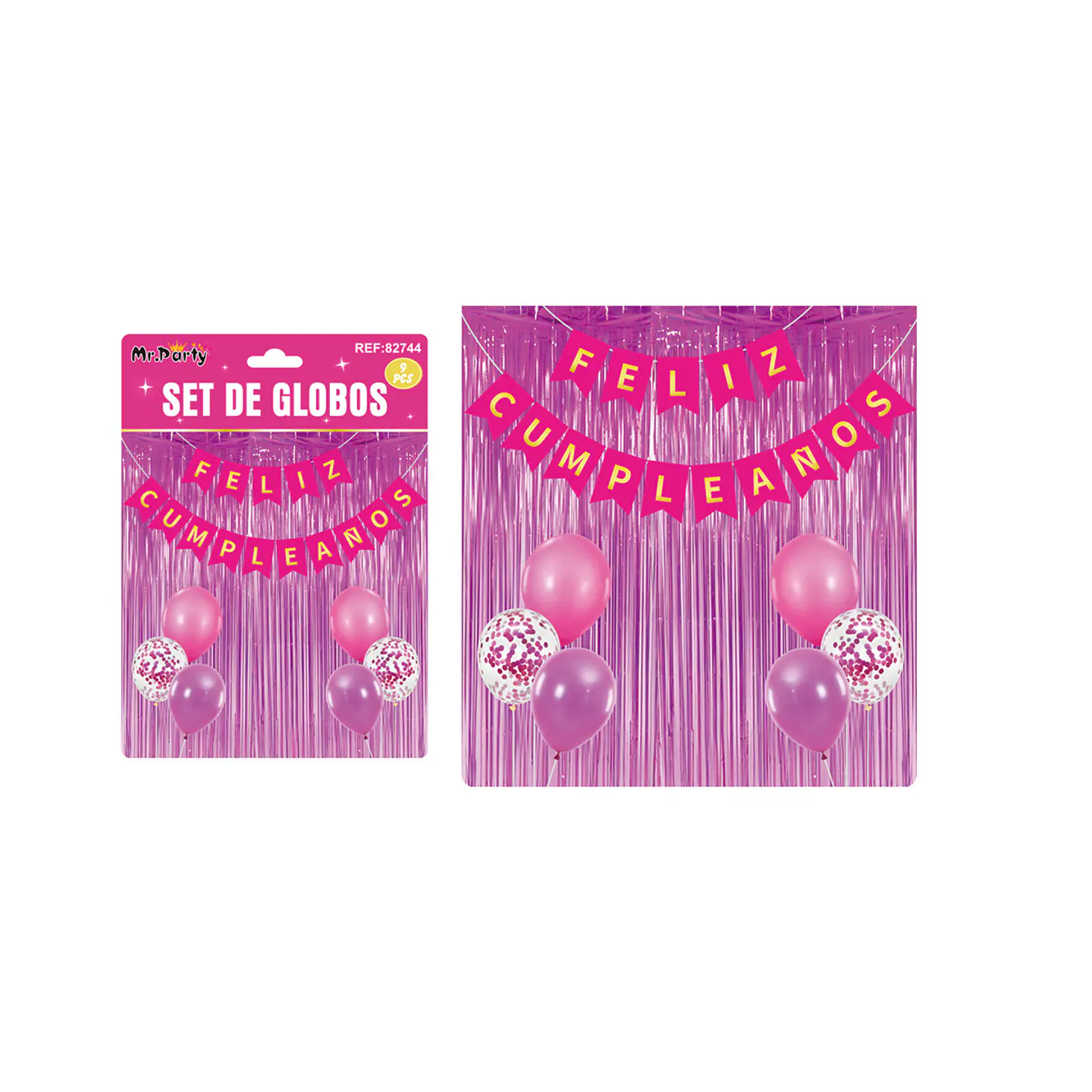 Set de globos y guirnalda con cortina fucsia 9pcs 1