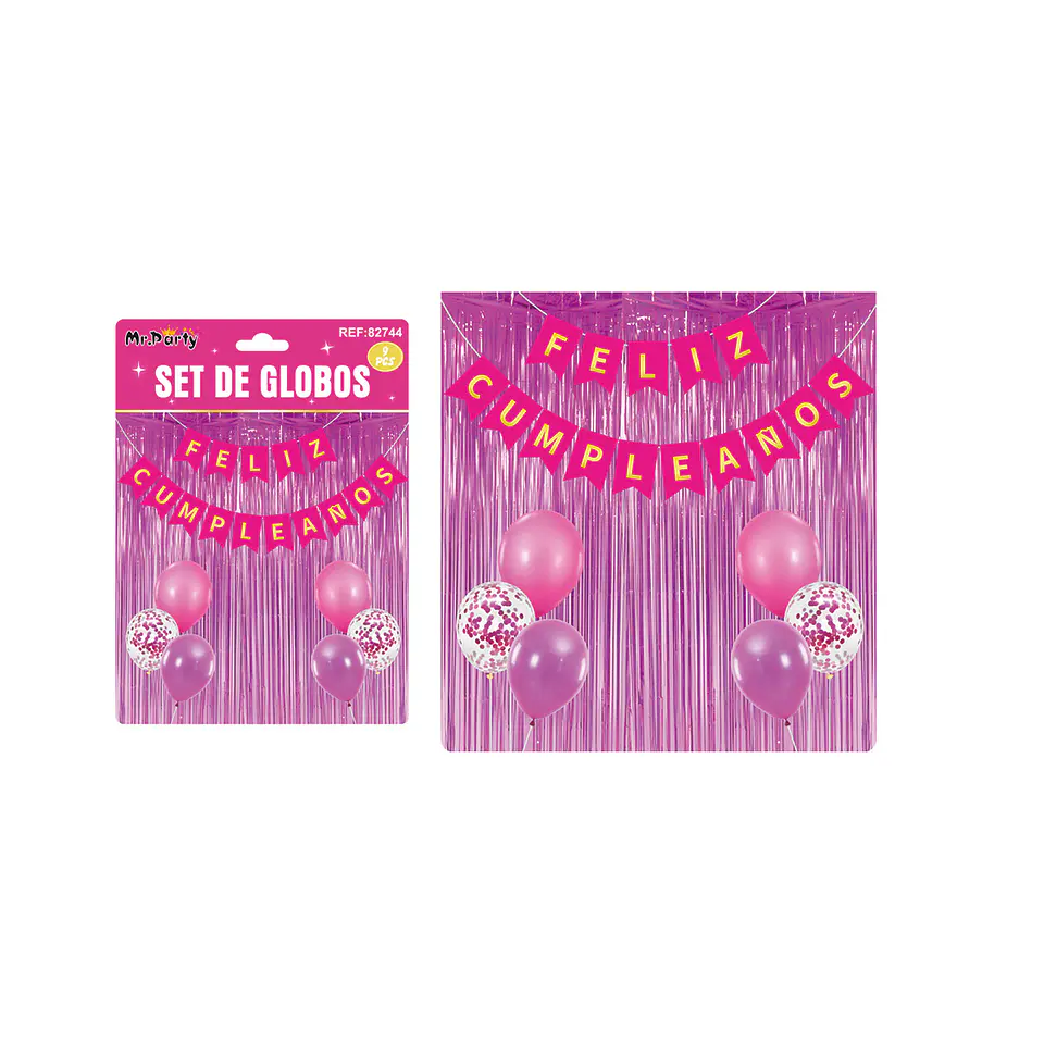 Set de globos y guirnalda con cortina fucsia 9pcs 1