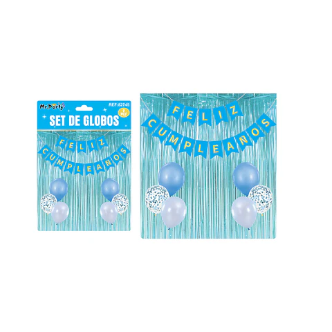 Set de globos y guirnalda con cortina celeste 9pcs