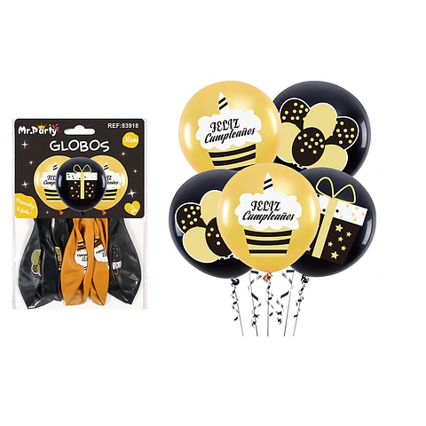 Globos de látex feliz cumpleaños negro y dorado 5pcs