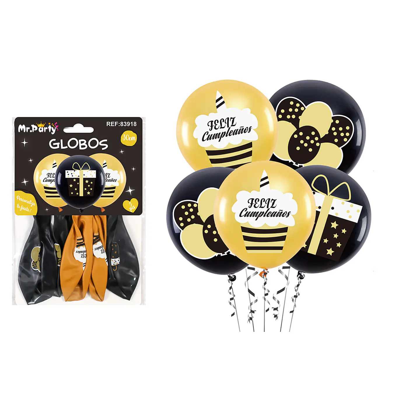 Globos de látex feliz cumpleaños negro y dorado 5pcs 1