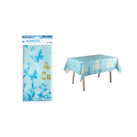 Mantel con mariposa feliz cumpleaños azul 137*183cm  