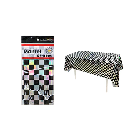 Mantel holográfico blanco y negro estilo ajedrez 137*183cm  