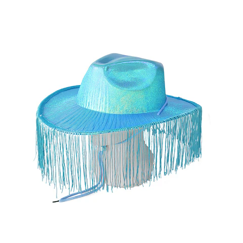 Sombrero vaquero con flecos azul brillante con cuerda