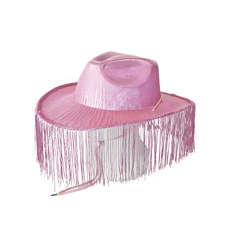 Sombrero vaquero con flecos rosa brillante con cuerda